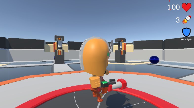Capture du jeu : le personnage armé au centre de l'arène, avec sa vie, ses missiles et son bouclier affichés