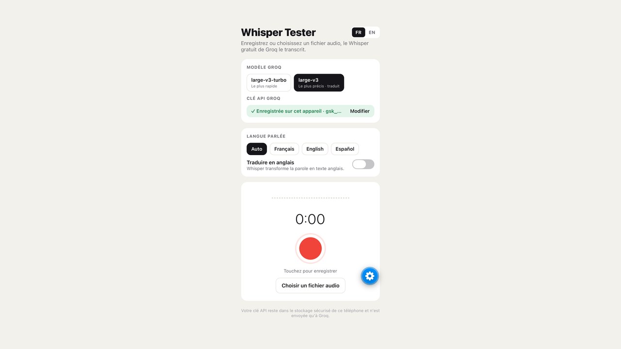 Écran de l'application Whisper Tester : choix du modèle, de la langue et bouton d'enregistrement